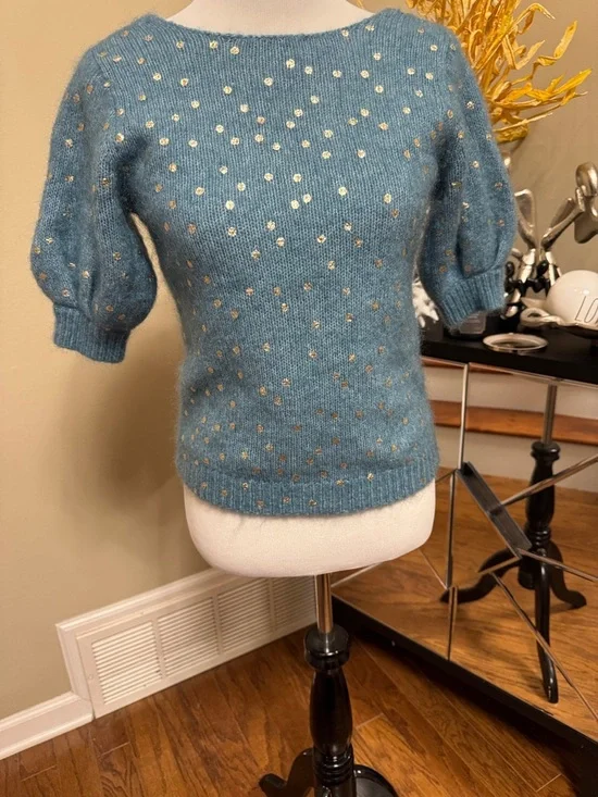 Sezane Teal Blue Gold Polka Dot Short Sleeve Knit Sweater Size XS NWOT - Picture 5 of 9